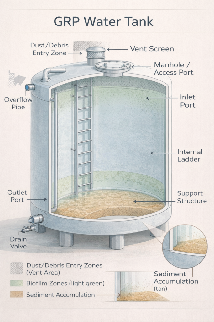 GRP water tank components diagram showing manhole, inlet, outlet, drain, overflow, vent screen, and ladder with biofilm accumulation zones highlighted.