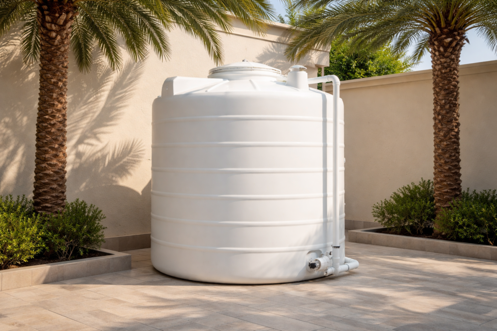 Compact FRP/GRP water tank installed in a Saudi villa courtyard under shade with clean piping