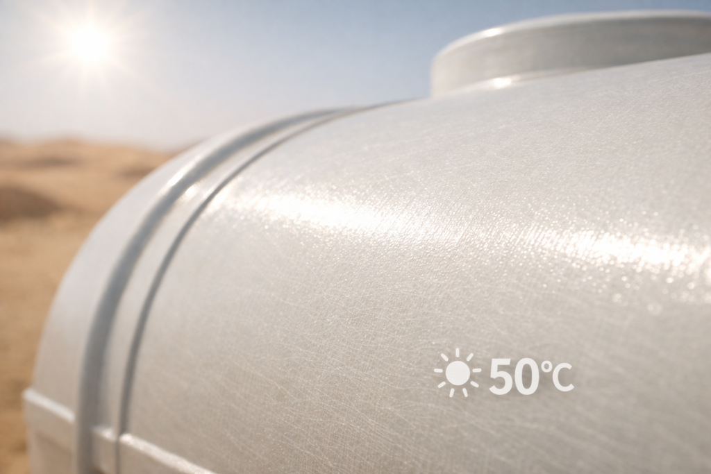 Close-up of FRP/GRP tank surface under strong Saudi sunlight showing UV-resistant gelcoat at 50°C