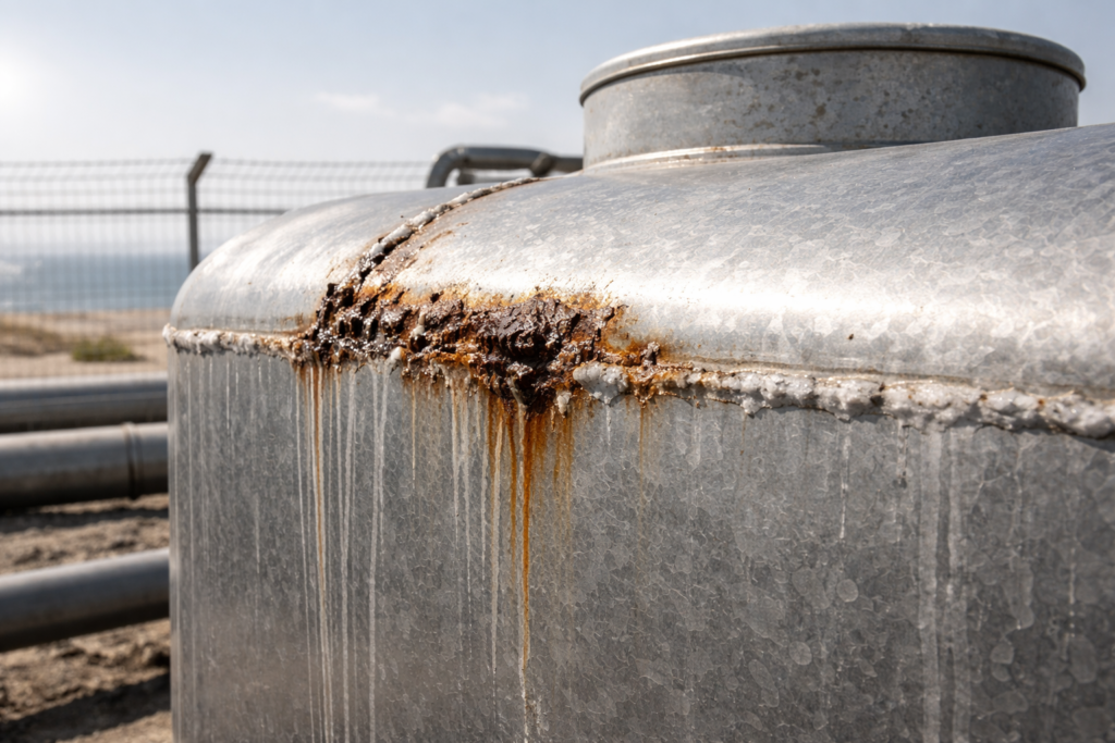 Galvanized steel water tank showing rust and coating failure at weld seam in coastal Saudi conditions