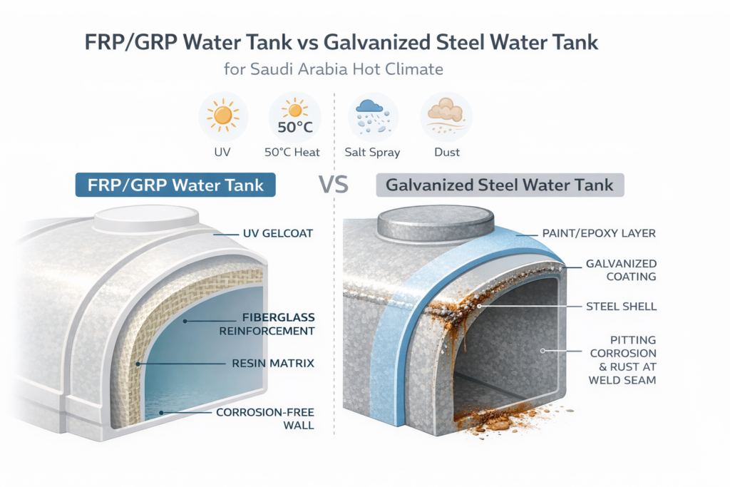 FRP/GRP vs galvanized steel water tank cutaway comparison showing layers, corrosion risk, and Saudi climate factors
