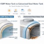 FRP/GRP vs galvanized steel water tank cutaway comparison showing layers, corrosion risk, and Saudi climate factors