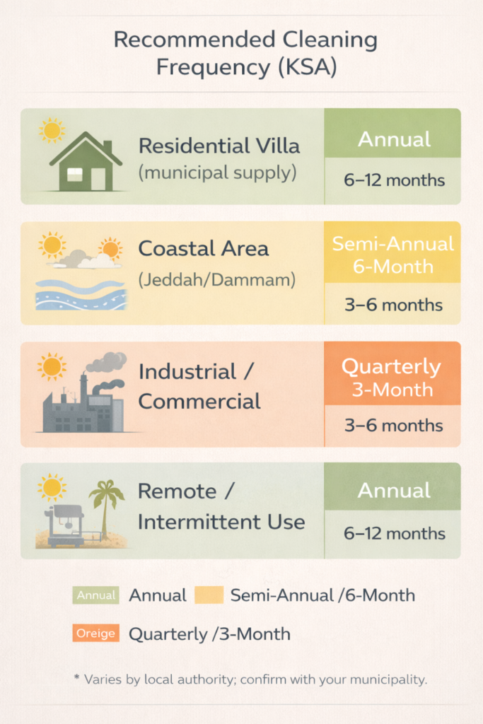 Infographic showing GRP tank cleaning schedules for residential villas, coastal areas, industrial facilities, and well-water sources in Saudi Arabia.