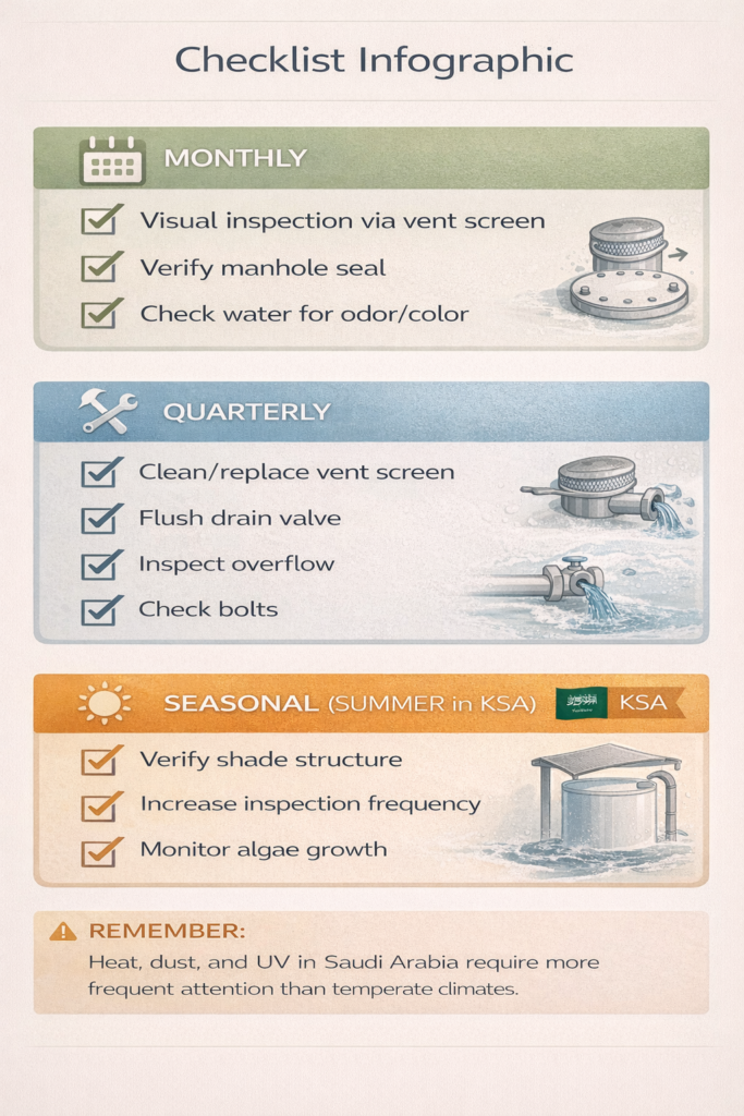 Maintenance checklist infographic showing monthly vent checks, quarterly drain flushing, seasonal shade verification, and winter/summer-specific tasks for GRP tanks in KSA.