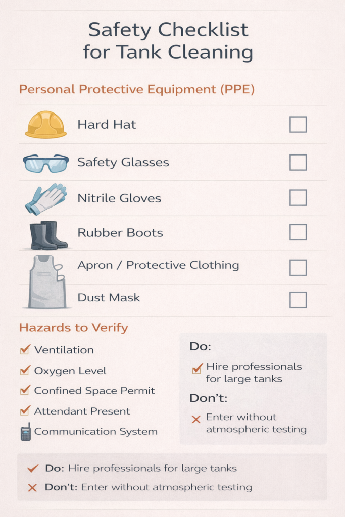 Safety checklist infographic showing required PPE: hard hat, gloves, rubber boots, face shield; ventilation setup; and confined space entry hazards.