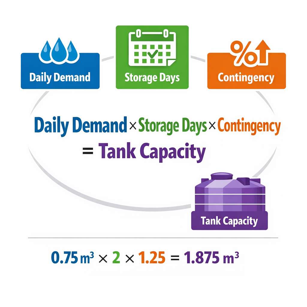 Visual representation of water tank sizing formula showing daily water consumption multiplied by storage days and contingency percentage to get final tank capacity