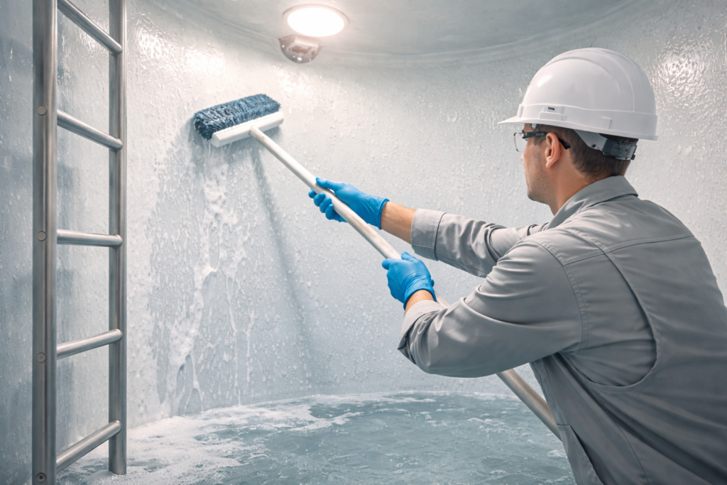 Professional technician cleaning interior of GRP water tank with soft-bristled brush and mild detergent solution, using proper safety equipment and lighting.