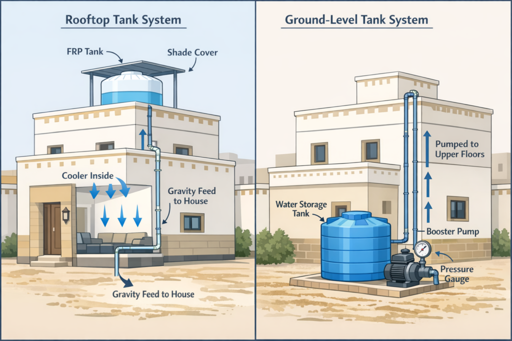Side-by-side illustrations of FRP water tank installation on villa rooftop with shade structure and underground/ground placement with booster pump system in Saudi Arabia