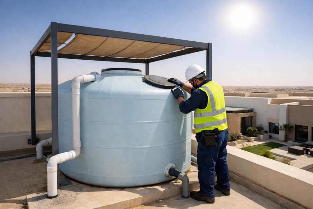 Photorealistic image of fiberglass FRP water tank installed on villa rooftop in Saudi Arabia with shade frame protection, showing professional installation and maintenance access