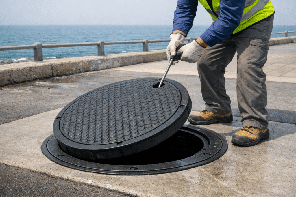 GRP manhole cover system inspection in Saudi Arabia