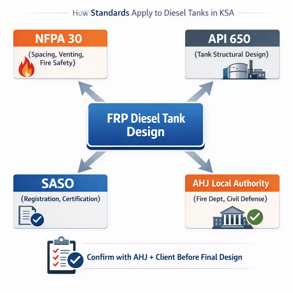 Compliance diagram showing FRP diesel tank standards and requirements: NFPA 30 spacing/venting, API tank design, SASO registration/certification, and local AHJ approval in KSA
