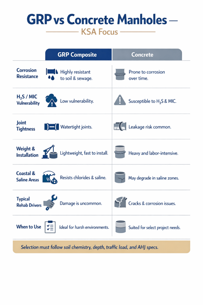 Infographic comparing long-term lifecycle stages of GRP and concrete manholes in Saudi conditions