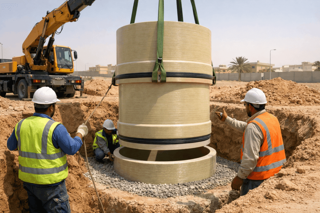 GRP manhole installation on a sandy construction site in Saudi Arabia using a light crane.