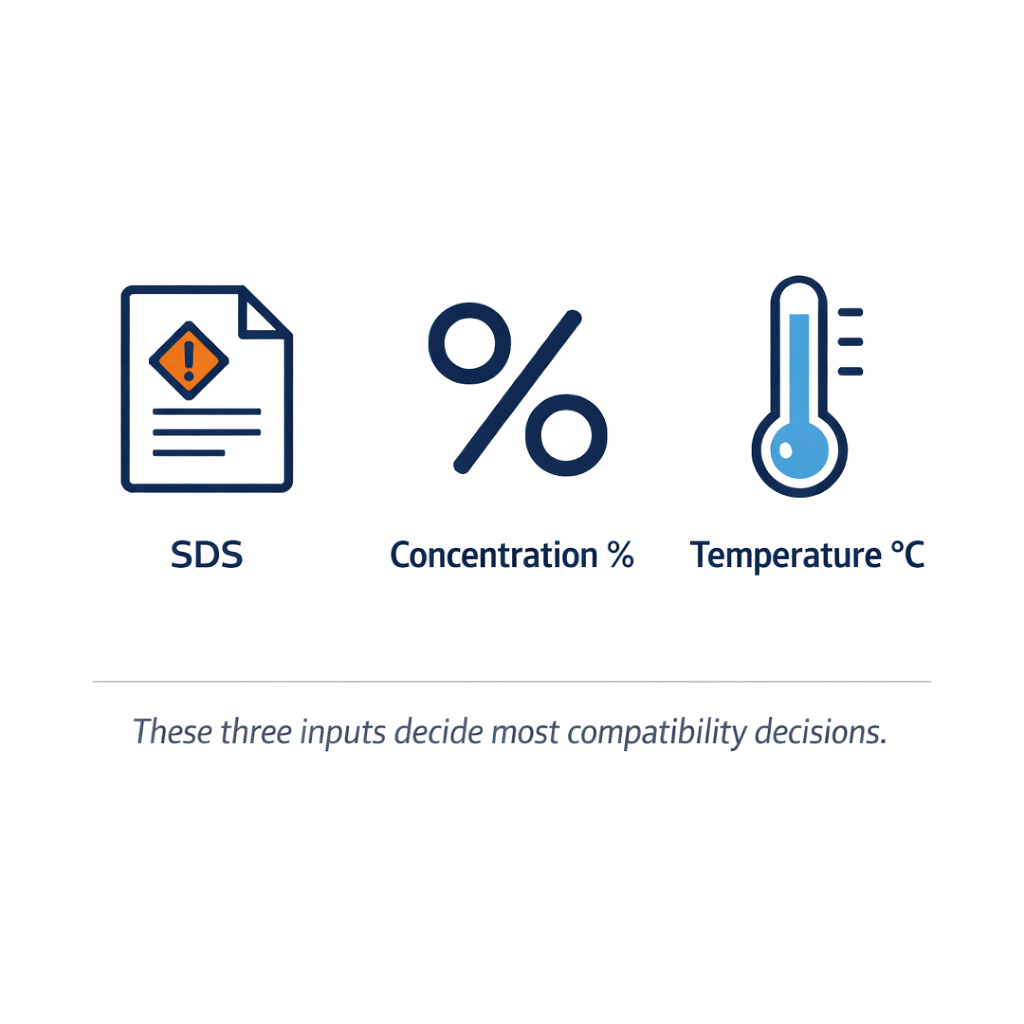 Icon set illustrating SDS, concentration, and temperature requirements for FRP tank design.