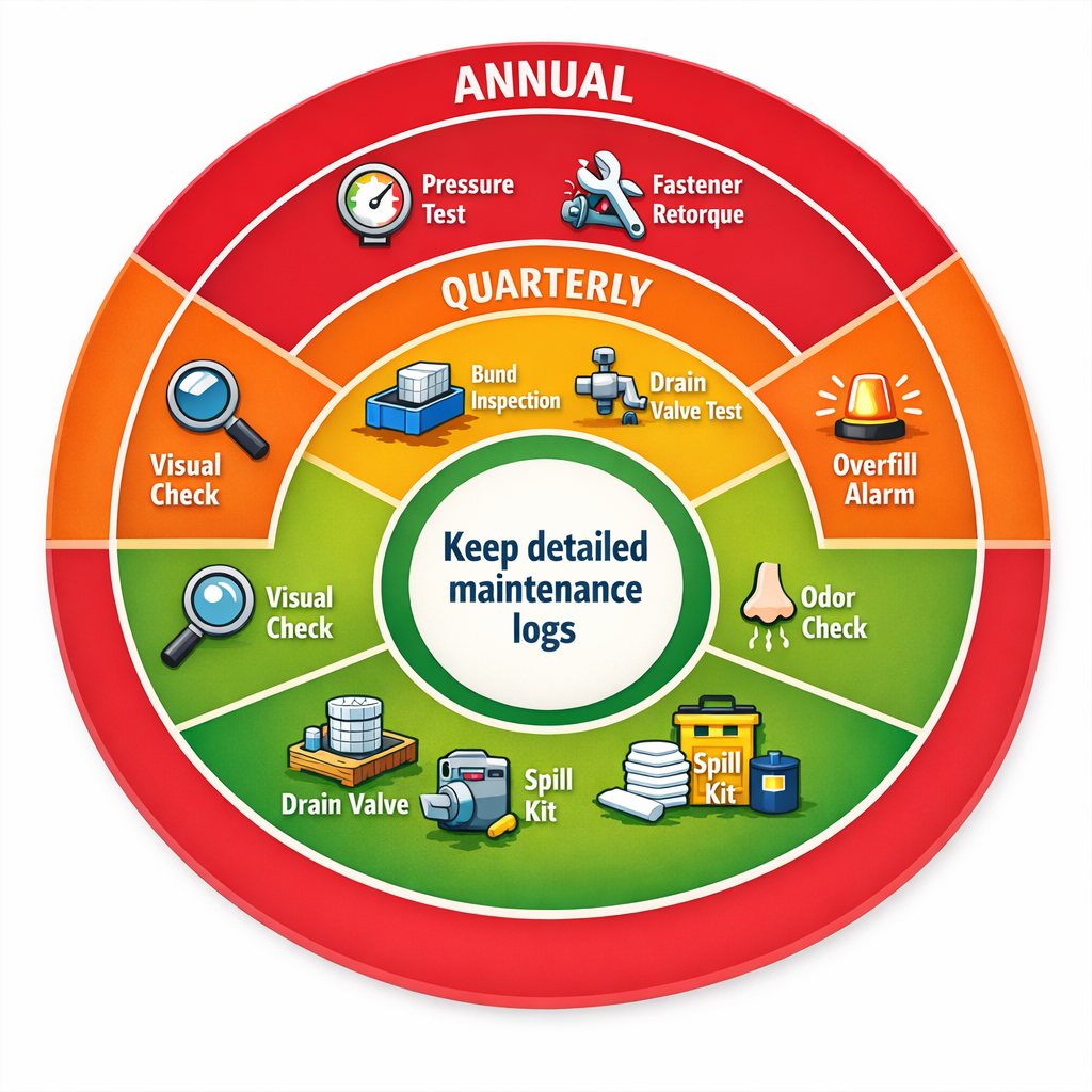 Timeline infographic showing FRP diesel tank maintenance frequency: daily checks, monthly bund inspection, quarterly functional tests, annual hydrostatic testing and record keeping