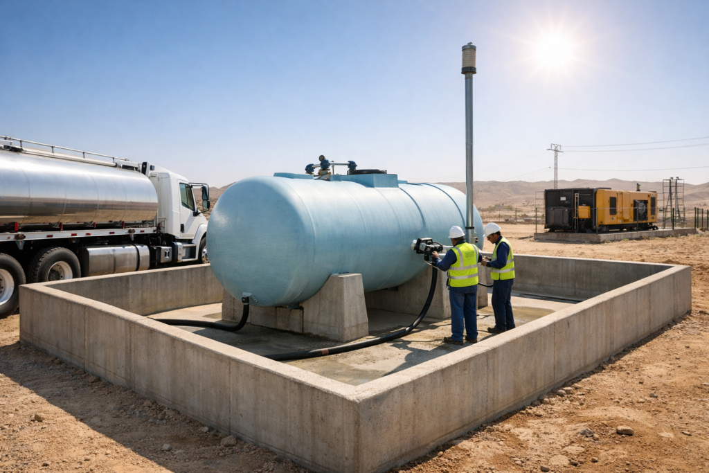 Industrial FRP diesel storage tank with concrete secondary containment bund wall in Saudi Arabia factory yard, showing safe fill point and drain access