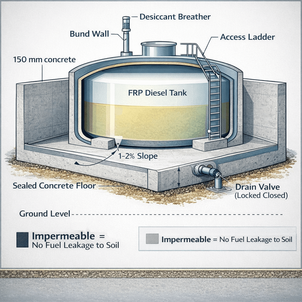 Bund wall diesel tank secondary containment with concrete bund and spill protection