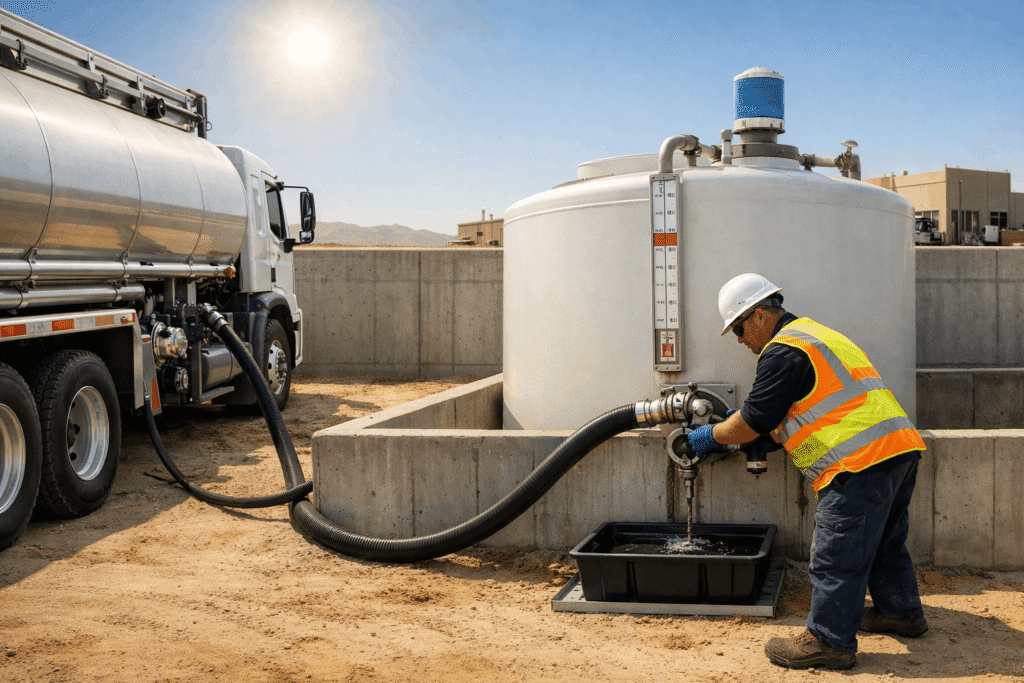 Fuel tanker truck performing safe diesel fill operation at FRP water tank with spill containment tray and secondary bund wall visible in Saudi industrial setting.