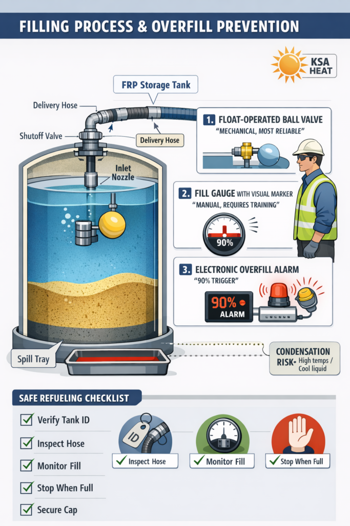 Infographic showing safe diesel tank filling procedure with overfill prevention controls: float valve, level gauge, and alarm system, plus spill tray and safe hose handling