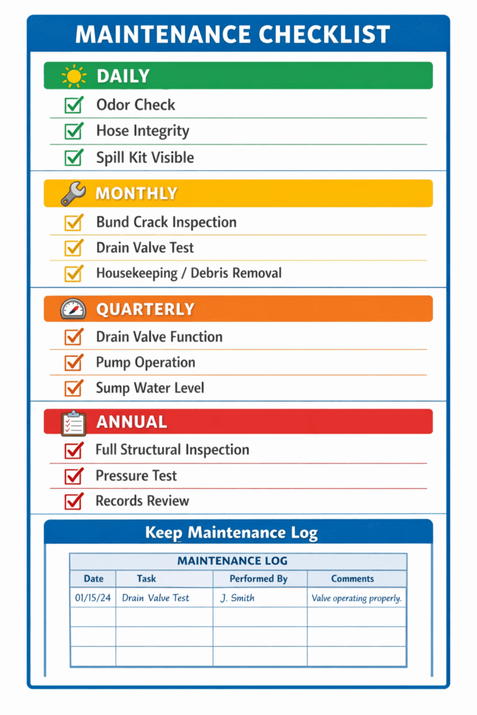 Maintenance checklist infographic for diesel tank bund walls showing daily visual checks, monthly inspections, quarterly functional tests, and annual formal integrity reviews.