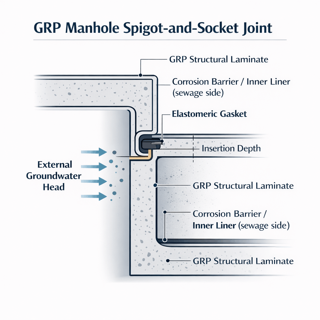 Technical diagram of a watertight GRP manhole joint with elastomeric gasket.