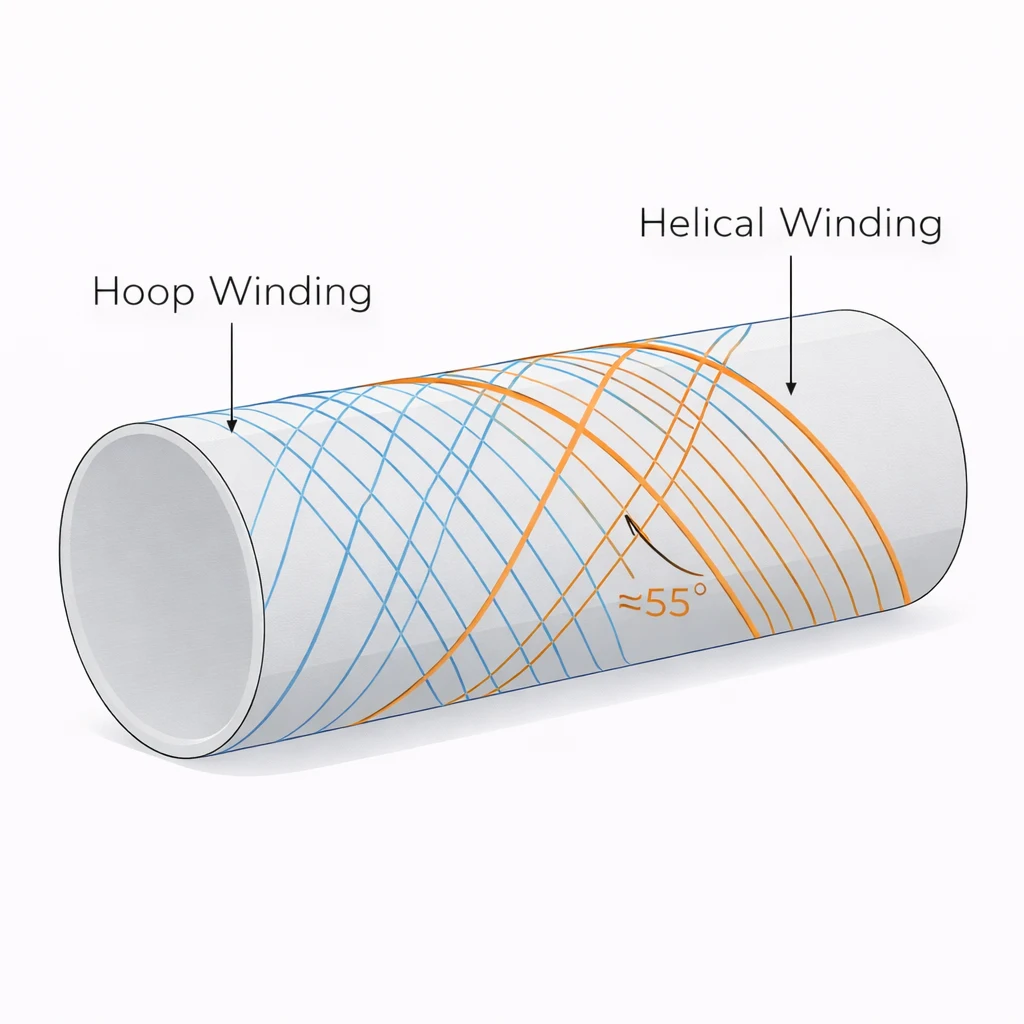 Icon showing filament winding angles on a cylindrical FRP tank shell.