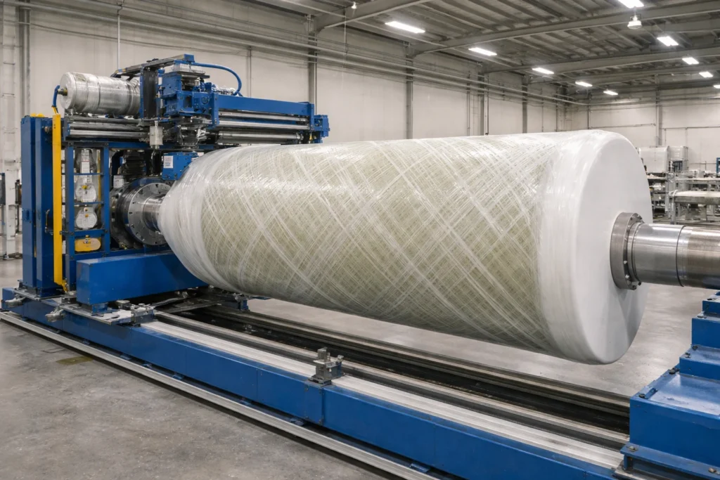 Filament winding FRP tank manufacturing showing continuous fibers wound on a rotating mandrel.