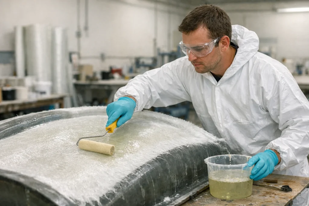Hand lay-up FRP tank manufacturing with technician laminating fiberglass on a mold