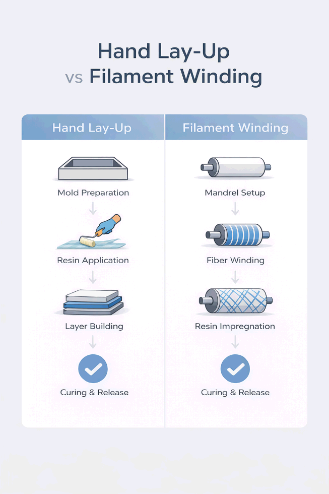 Infographic comparing hand lay-up and filament winding processes for FRP tank manufacturing.