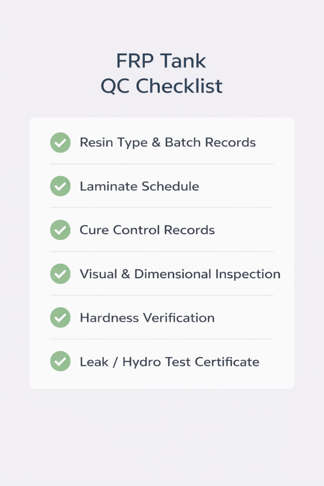 Quality control checklist for FRP tank manufacturing and inspection.