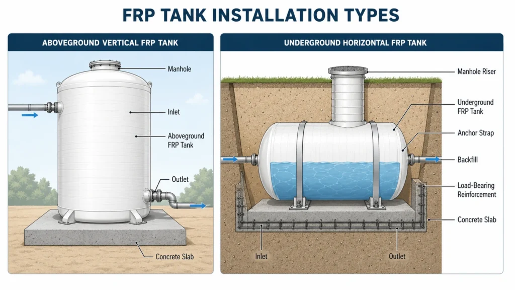 Diagram comparing aboveground and underground FRP fiberglass water tank installation

