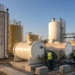 Fiberglass water tank price Saudi Arabia — FRP storage tanks installed in an industrial yard