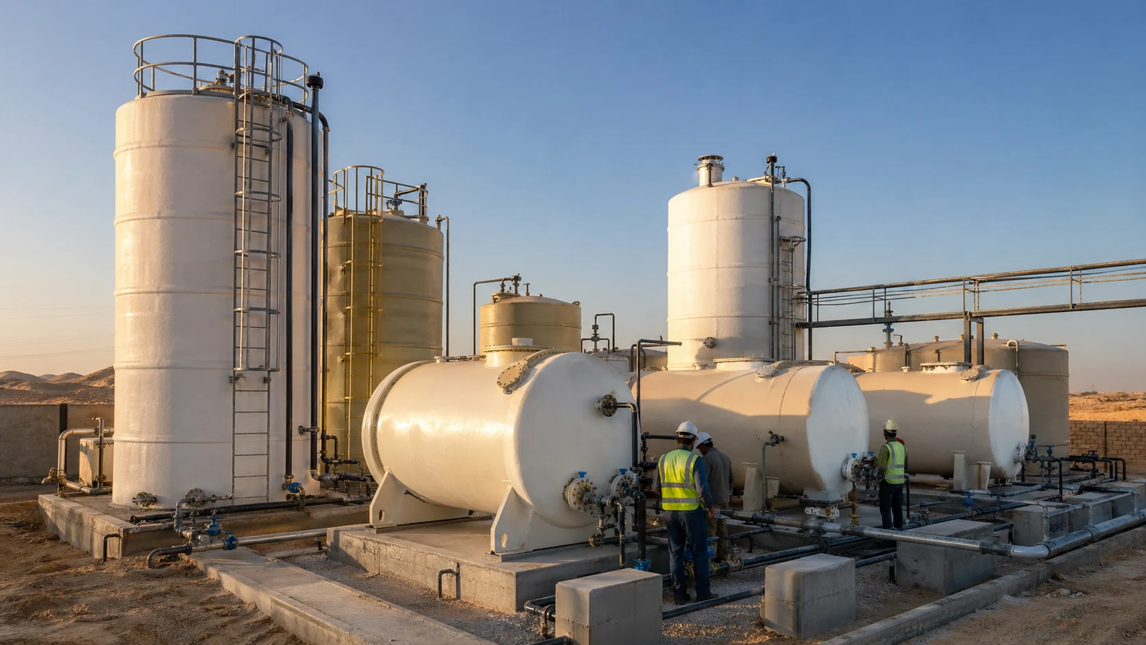 Fiberglass water tank price Saudi Arabia — FRP storage tanks installed in an industrial yard