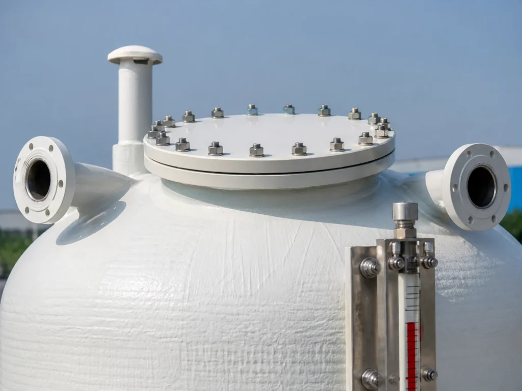 Close-up of FRP fiberglass tank fittings, flanged nozzles, and manhole cover