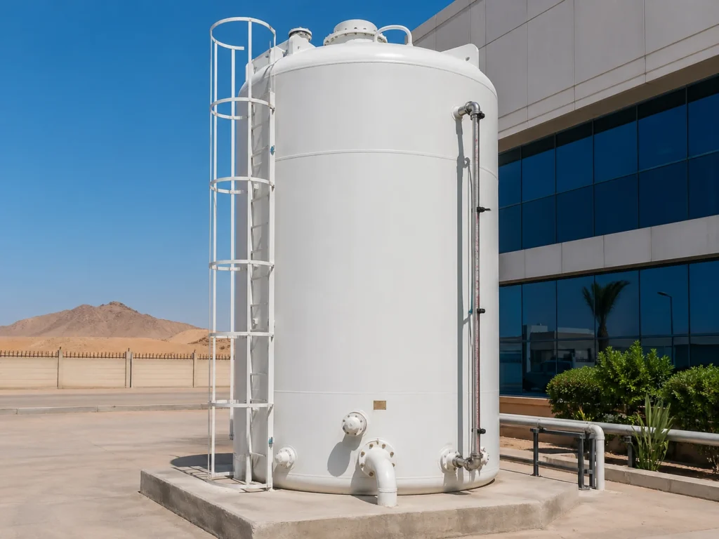 Vertical FRP fiberglass water tank installed at a commercial site