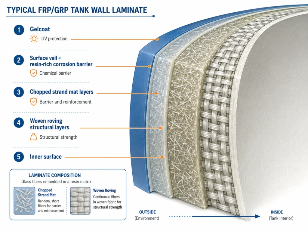 Cross-section of FRP fiberglass laminate showing gelcoat corrosion barrier structural layers and glass fiber reinforcement