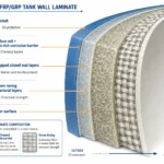 Cross-section of FRP fiberglass laminate showing gelcoat corrosion barrier structural layers and glass fiber reinforcement
