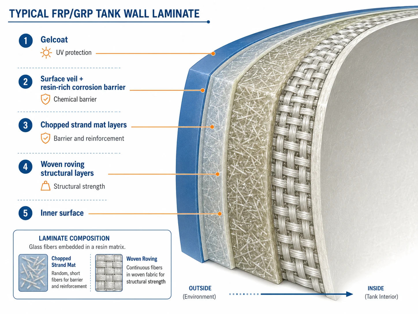 Cross-section of FRP fiberglass laminate showing gelcoat corrosion barrier structural layers and glass fiber reinforcement