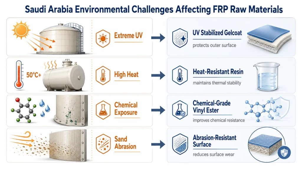 Saudi Arabia environmental conditions affecting FRP raw material selection including UV heat chemicals and sand