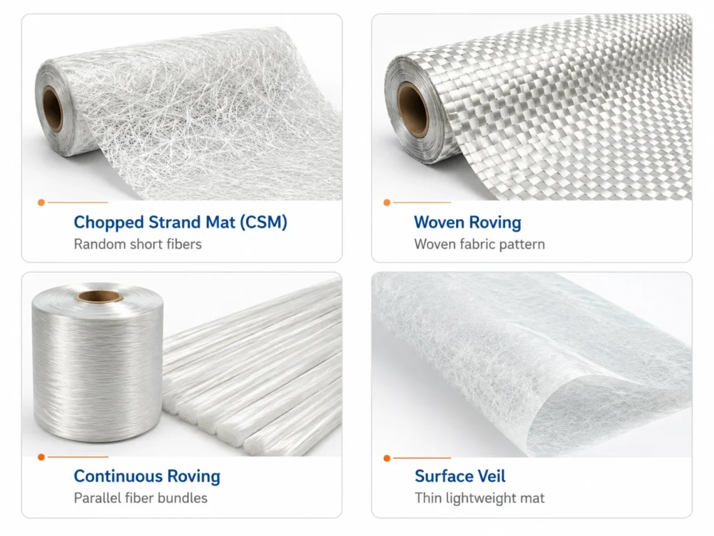 Glass fiber product forms for FRP manufacturing including chopped strand mat woven roving continuous roving and surface veil