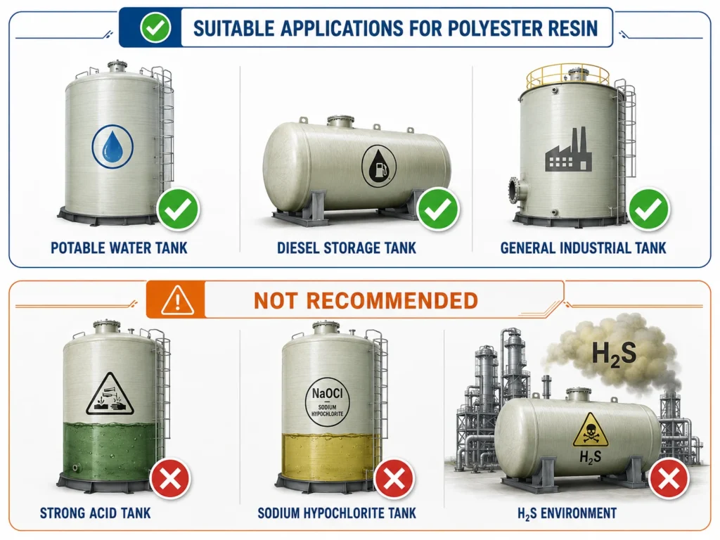 Polyester resin FRP tank applications including potable water storage diesel storage and general industrial use