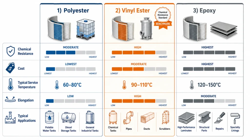 Complete comparison table of polyester vinyl ester and epoxy resin properties for FRP tank applications