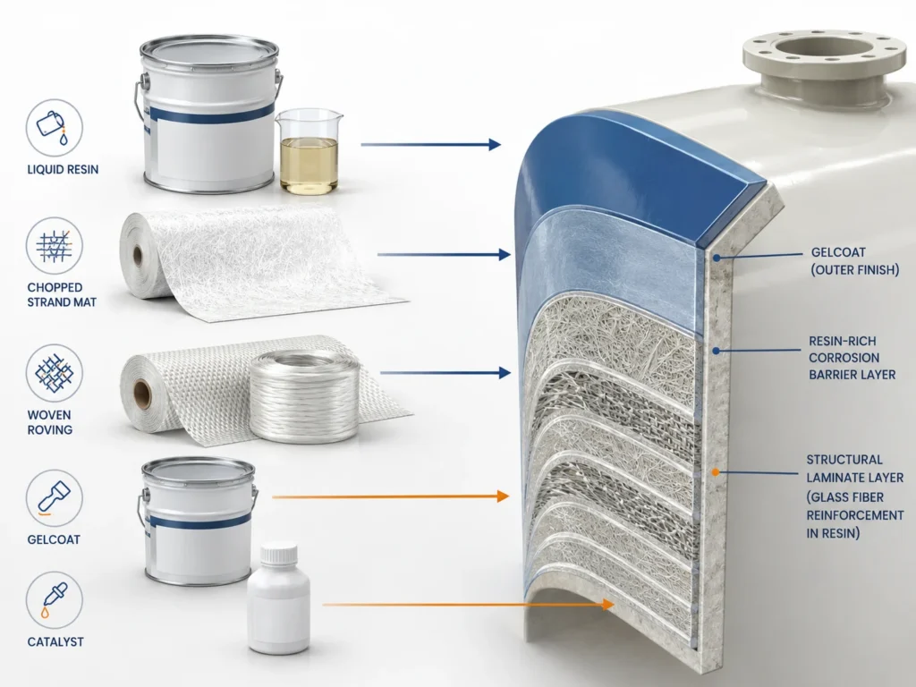 what is Fiberglass FRP GRP raw materials including resin glass fiber chopped strand mat gelcoat and woven roving