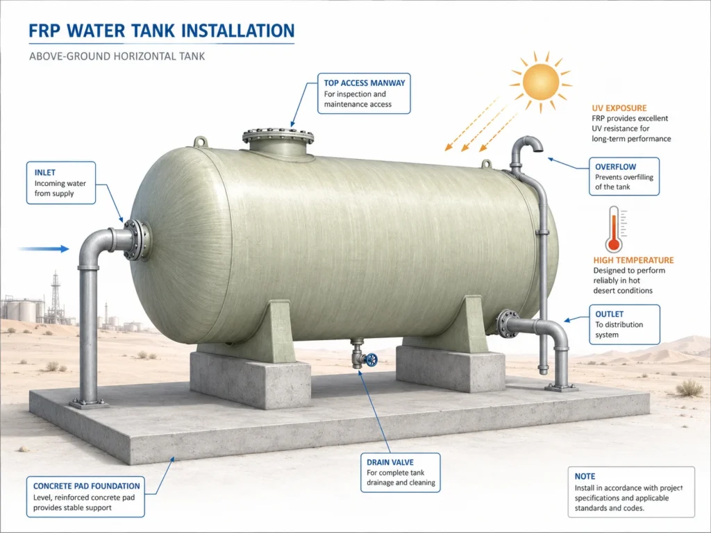 Above-ground FRP water tank installed on concrete saddle foundation in Saudi Arabia
