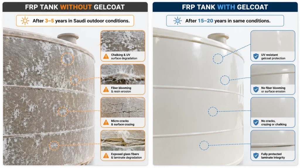Comparison of FRP tank surface with gelcoat vs without gelcoat showing fiber blooming and UV degradation