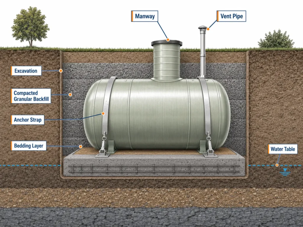 Underground FRP water tank installation showing excavation bedding backfill and anti-buoyancy anchoring