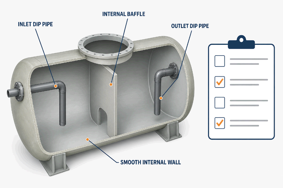 Illustration of an interceptor internal inspection view with checklist items for baffles, dip pipes, and surfaces