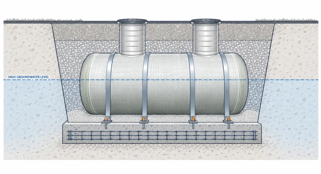 Technical illustration of a buried GRP grease interceptor with anchoring straps, backfill layers, and high water table indicated