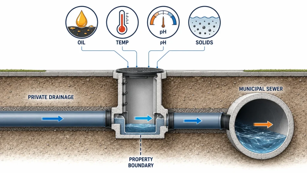 Infographic panel showing sewer discharge parameters — oil and grease, temperature, pH, solids — monitored at a property boundary connection