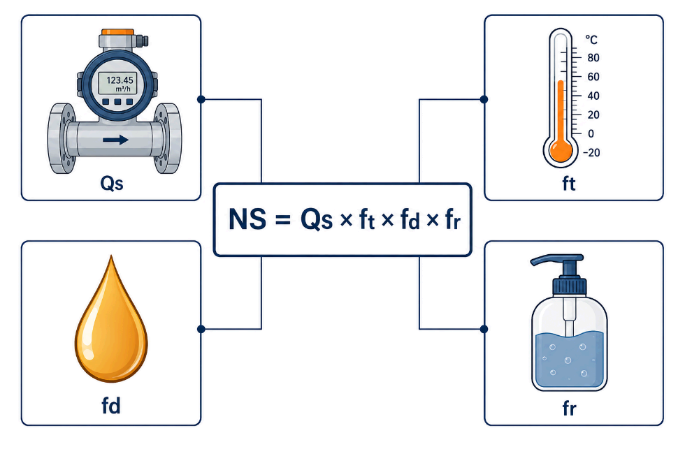 Technical infographic showing the EN 1825 sizing formula with the four factors Qs, ft, fd and fr illustrated